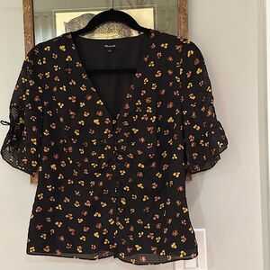 Madewell Silk Daylight Tie-Sleeve Top | Feline Floral Print | Size 4 | Like New